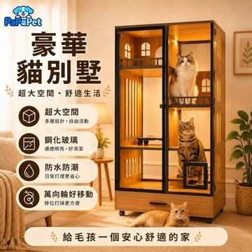 台灣現貨 實木貓別墅 豪華貓房子 貓櫃 貓屋 超大空間 全景貓房 防水防潮 鋼化玻璃 可移動 自由門 貓咪公寓 寵物用品