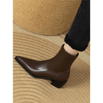 歐美秋冬新款尖頭粗跟真皮棕色短靴女側拉鏈氣質配裙子單靴瘦瘦靴