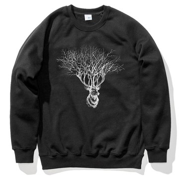 Deer Tree【現貨】大學T 刷毛 黑色 鹿樹麋鹿設計文青自創品牌動物