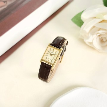 SEIKO 精工 / SWR066P1 / 復古方形 小巧典雅 日本機芯 壓紋真皮手錶 米黃x金框x咖啡 19mm