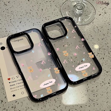 iphone手機殼.蝴蝶結小熊適用蘋果iPhone16ProMax手機殼創意1514透明13黑框硬殼