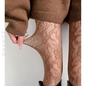 🍊臺北出貨🍊Orange 可開發票奶系復古小妲己蕾絲鏤空女性花朵織花薄款純欲提花白色連褲襪網襪