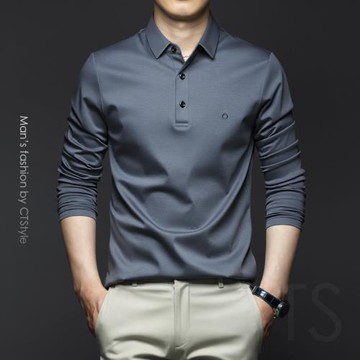 春秋季男士翻領長袖T恤純棉POLO衫高端絲光棉打底衫2025冰絲男裝