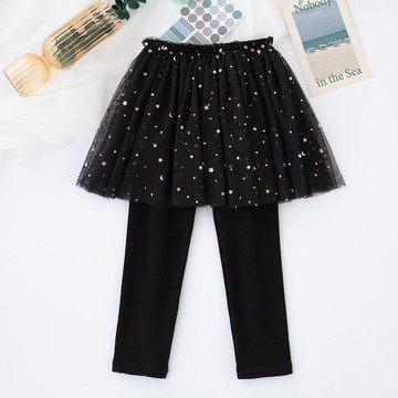 FANMOU - 假兩件亮片紗裙褲裙-星星亮片-黑色