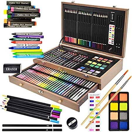 Sunnyglade 145 Piece Deluxe Art Set, Wooden Art Box  Drawing Kit with Cray