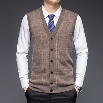 [米蘭精品] 羊毛背心羊毛衫上衣-格紋加厚針織V領防寒保暖男背心外套3色74do6