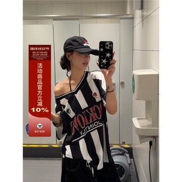 F383 美式復古V領球衣短袖女撞色拼接條紋T恤辣妹寬松休閑上衣潮