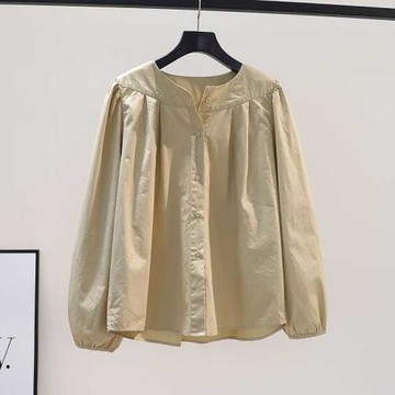 法式純棉寬松圓領襯衫女春秋季新款韓版燈籠袖設計感小眾長袖上衣