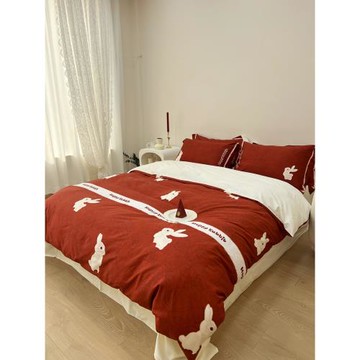 100支新疆長絨棉全棉紅色兔年四件套純棉床單床笠款新年床上用品