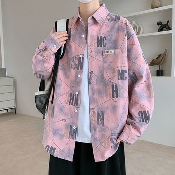 男裝新款潮流衬衫长袖设计感时尚休闲印花衬衣字母帅气宽松痞帅衬衫男