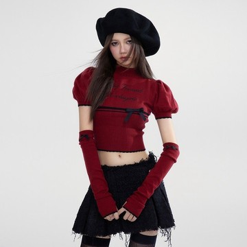 ♡ 𝑪𝒉𝒊𝒄 𝒖 ♡甜美蝴蝶結新款設計感針織甜美泡泡袖修身毛衣休閒小衆女短款上衣