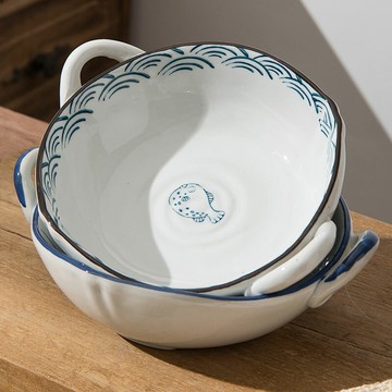 日式新款家用陶瓷防燙雙耳拉面湯碗大碗手柄湯盆芝士烘培焗飯碗盤