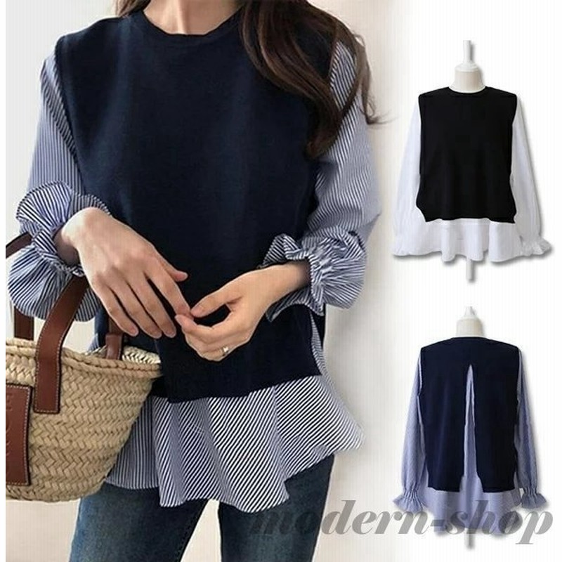 ニットベスト レディース セットアップ ブラウス 2点セット バッグスリット 重ね着 プルオーバー フリルシャツ ストライプ ニットセーター 無地 春秋 通販 Lineポイント最大get Lineショッピング