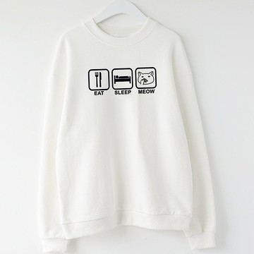 Eat Sleep Meow 大學T 刷毛 中性版 白色 吃睡喵貓咪秋冬保暖