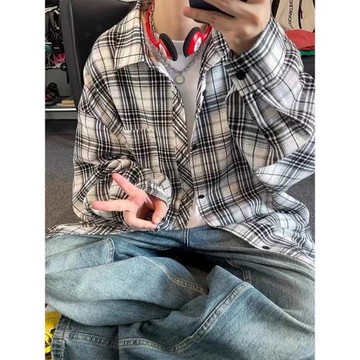 美式復古格子襯衫男秋季設計感小眾慵懶風痞帥百搭休閑襯衣外套潮
