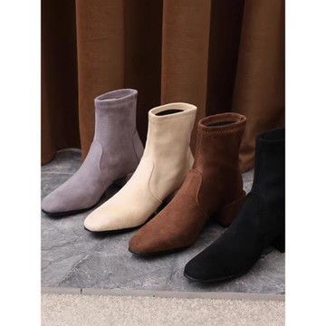冬季加絨保暖彈力短靴套筒方頭中跟粗跟羊猄真皮襪靴透氣瘦瘦靴女