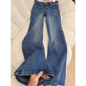 微喇牛仔褲女  夏季新款低腰修身寬鬆  休閒百搭慵懶小個子垂感拖地褲  WH