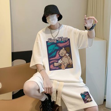 華夫格t恤短袖男夏季運動套裝ins港風潮流重磅半袖體恤搭配兩件套