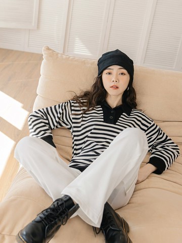 半開襟撞色橫條紋POLO領上衣