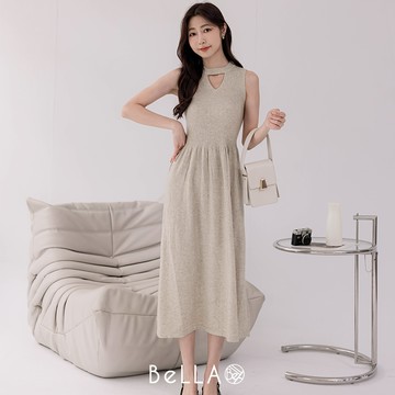 【1+1優惠】BeLLA 領口挖空針織洋裝 典雅杏