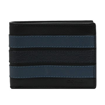 COACH 26171 經典壓印LOGO藍黑條紋六卡對開短夾.深藍