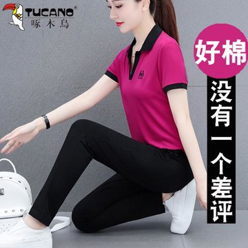 啄木鳥翻領名牌運動套裝女夏季純棉2025新款中年媽媽短袖夏裝女裝