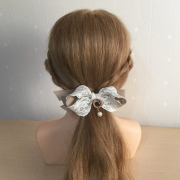 卡其/ 典雅蕾絲蝴蝶結相交夾 彈簧夾 法國夾 髮圈 髮束 抓夾