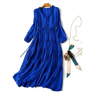 海邊度假風冰涼透氣棉綢大擺裙純色高級光感拼接蛋糕裙綿綢連衣裙