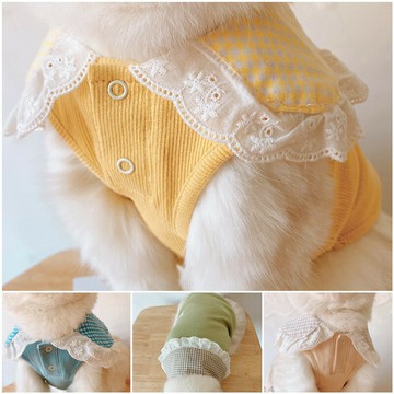 ins蕾絲花朵領純棉貓咪打底衫寵物衣服比熊泰迪狗狗娃娃領短袖