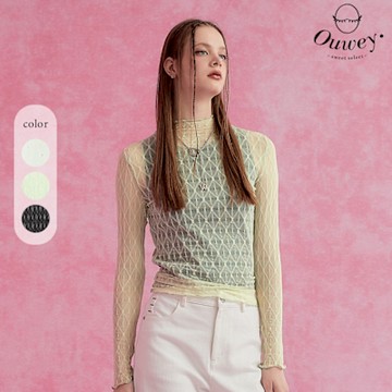 OUWEY歐薇 透膚格紋網布蕾絲打底上衣(三色；S-L)3233321345