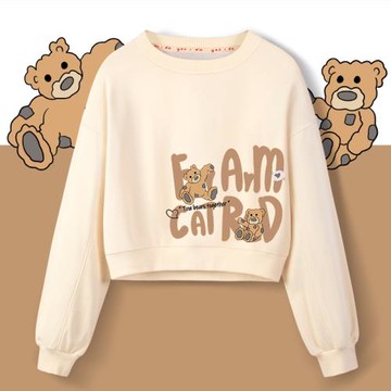 秋季小熊米色衛衣女短款2024年新款春秋款薄款圓領無帽小個子上衣