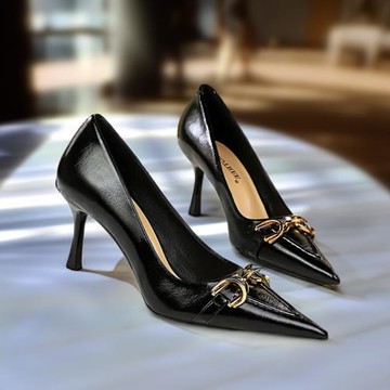 皮帶扣高跟鞋女尖頭細跟淺口金屬復古歐美職業通勤簡約工作鞋單鞋