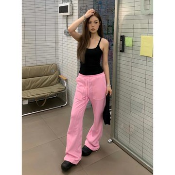 美式微喇衛褲女春季粉色休閑褲寬松直筒拖地褲辣妹垂感顯瘦闊腿褲