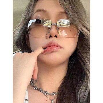 歐美Y2K無框鑲鉆墨鏡女辣妹凹造型ins網紅太陽鏡防紫外線大框顯瘦