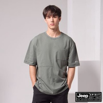 JEEP  男裝 縫線拼接左胸口袋短袖T恤-綠色