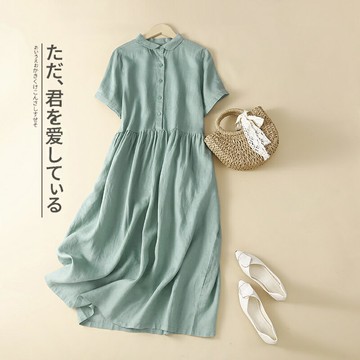 大尺碼短袖連身裙洋裝 棉麻短袖連身裙女夏純色休閑亞麻套頭襯衫裙