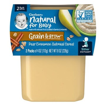 Gerber, Natural for Baby，Grain & Grow，2 階段輔食，梨肉桂燕麥片，2 包，每包 4 盎司（113 克）