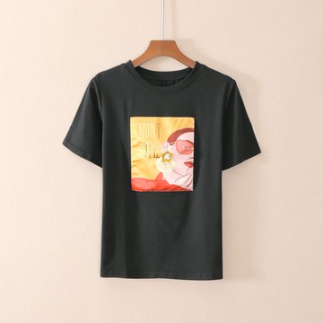 女裝短袖修身圓領釘珠棉印花青春文藝T恤衫上衣服