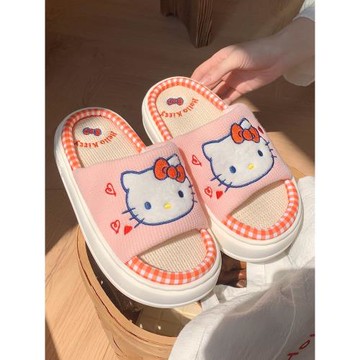 甜美可愛新款凱蒂貓三麗鷗防滑居家鞋春秋夏季軟底一字亞麻拖鞋女