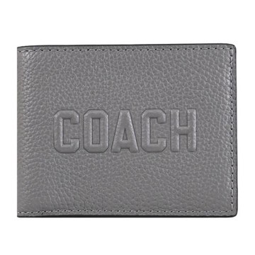 COACH CZ062 浮雕車線LOGO荔枝皮革對開六卡短夾.炭灰