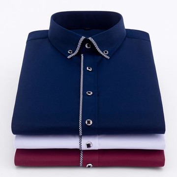 秋季長袖襯衫男藏青色商務休閑扣領襯衣男鑲邊西裝正裝職業打底衫