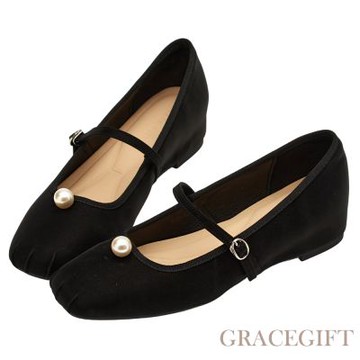 【Grace Gift】簡約珍珠方頭撞色內增高瑪莉珍鞋 黑