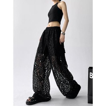 2025夏季黑色休閑褲女夏百搭設計感拼接鏤空蕾絲高級感直筒闊腿褲