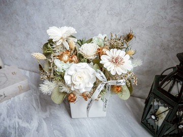 方盆中大型乾燥花盆花【純白流金】開幕/升遷/新居落成