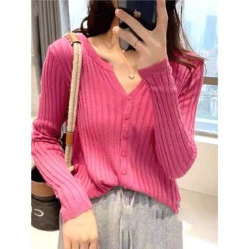 法國Rouje tusse氣質V領修身條紋羊毛針織開衫薄款女短款羊絨毛衣