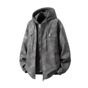 假兩件復古做舊PU皮夾克男 秋季美式潮牌扎染寬鬆大尺碼廓形工裝外套