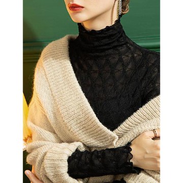 2025春季高領蕾絲打底衫女春秋加絨格子修身內搭木耳邊黑色上衣