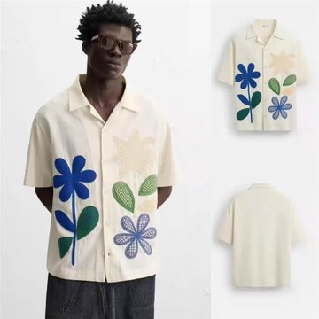 2025夏季新品男裝休閑潮棉質寬松撞色補丁飾短袖襯衫 0881415 251