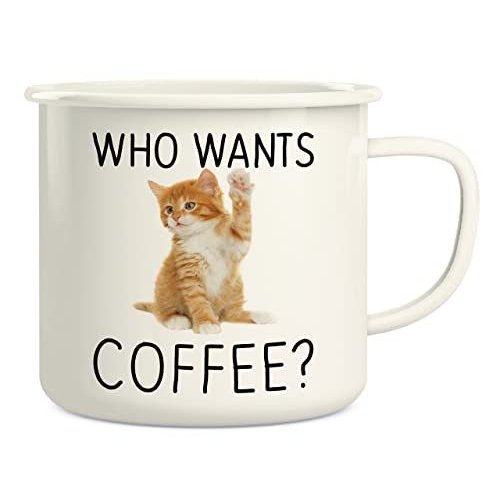 Retreez Who Wants Coffee  Cute Kitten Cat Lover 16 Oz Enamel Stainless Stee