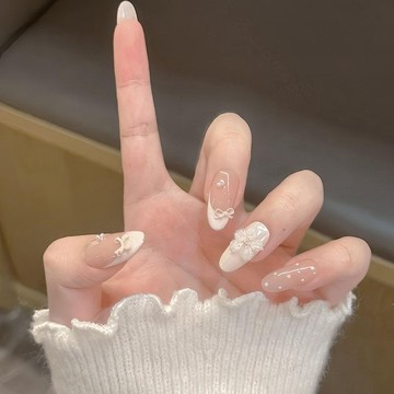 🔥熱銷爆款🔥【白槿花汐】純手工雕花穿戴甲蝴蝶結法式立體顯白美甲假指甲貼